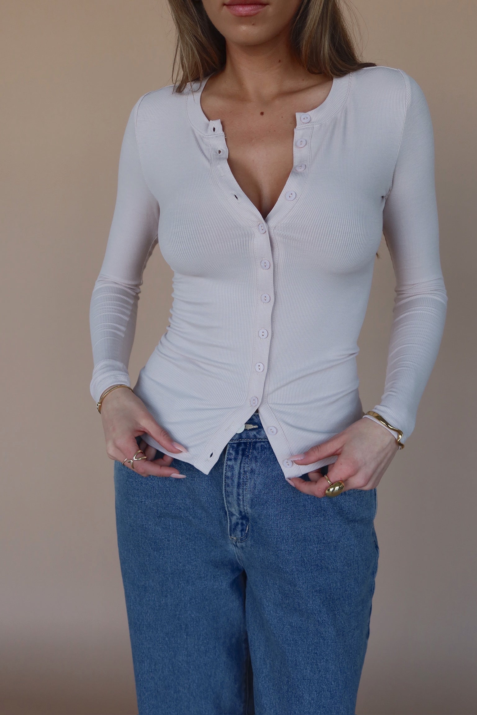 Erika Button-Down Long Sleeve Top in Blush