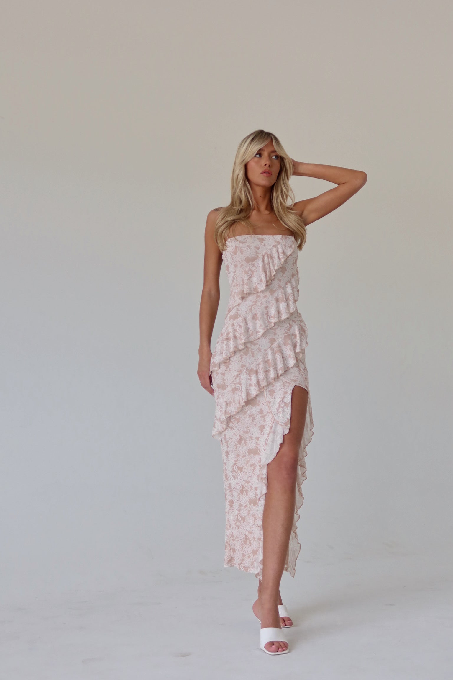 Nude Tiered Ruffle Leg Slit Midi Dress