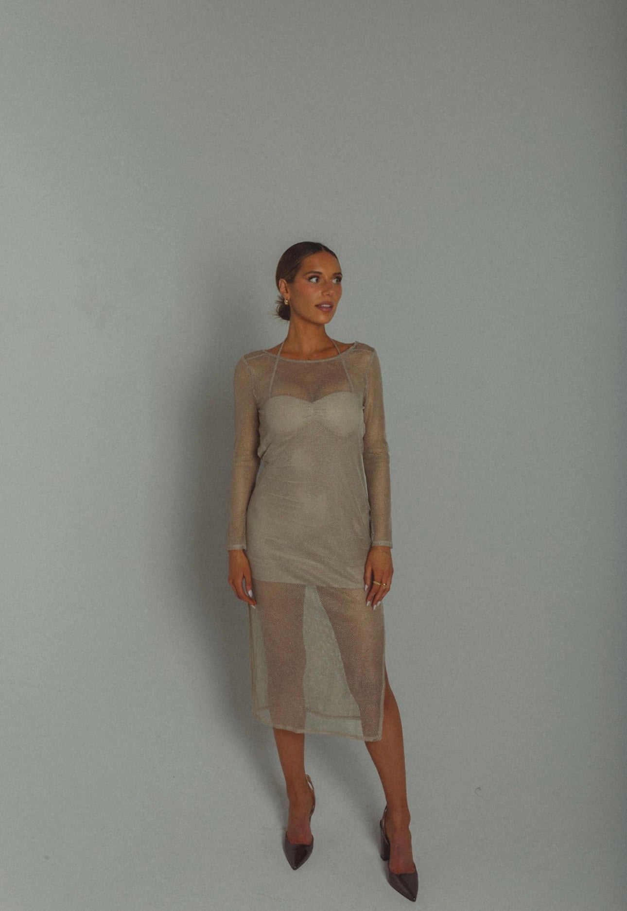Golden Mesh Midi Dress