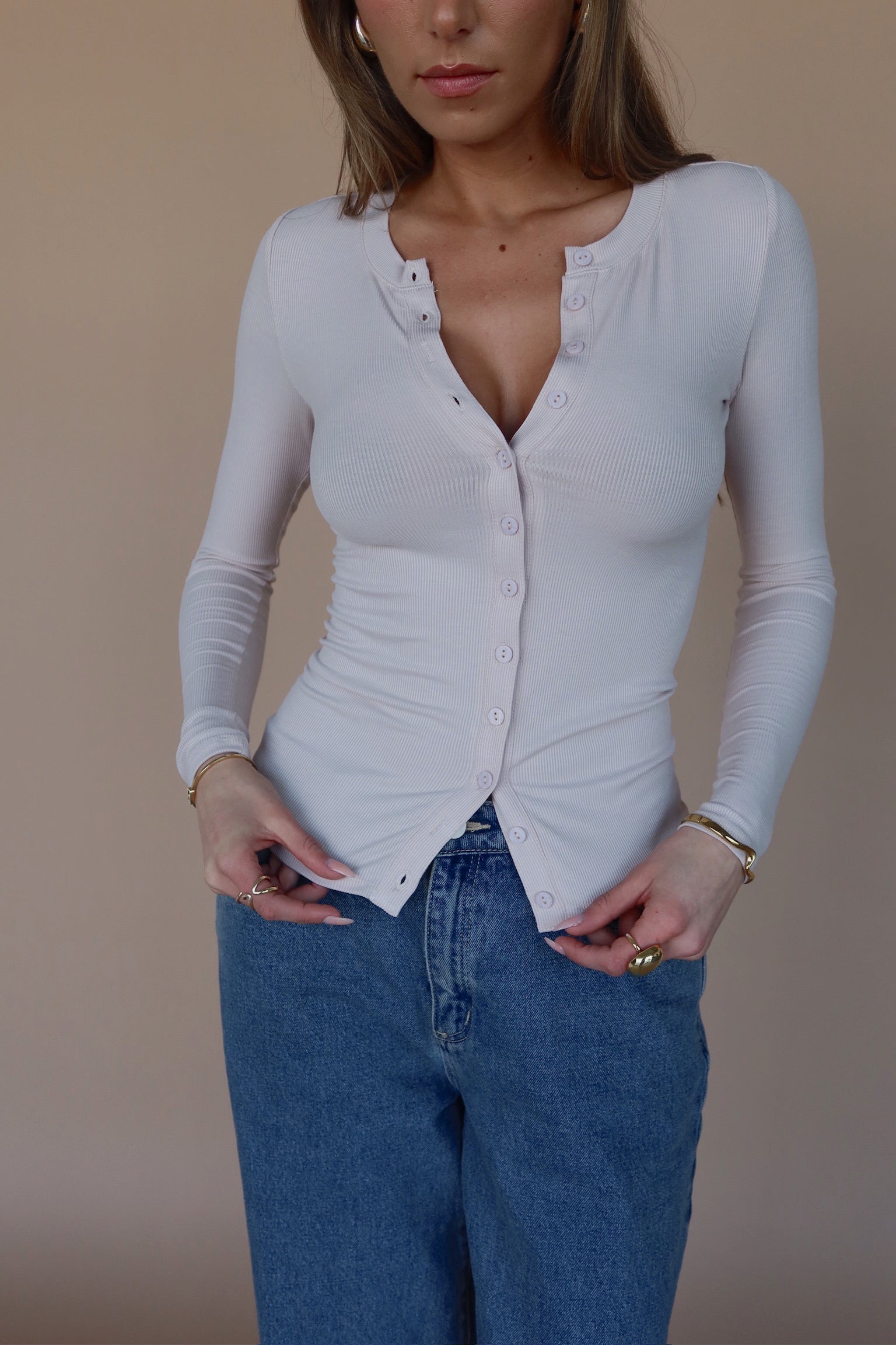 Erika Button-Down Long Sleeve Top in Blush