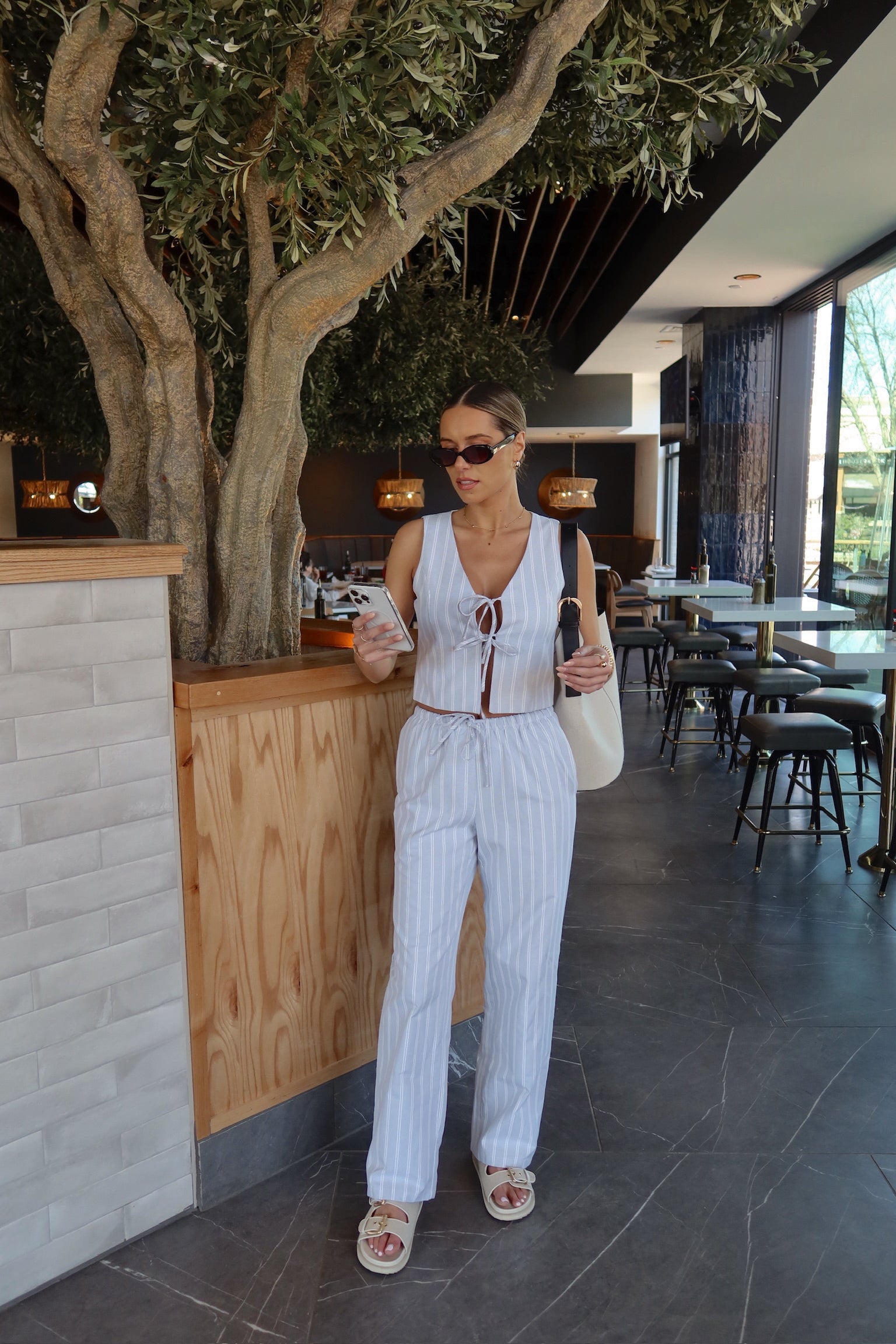 Della Dusty Blue Striped Tie Top