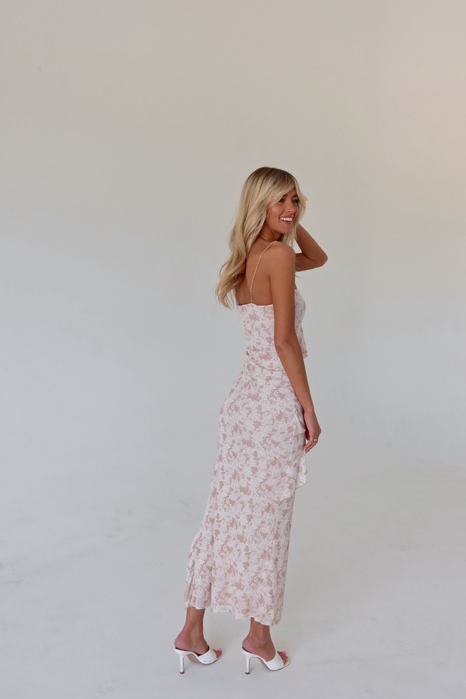 Nude Tiered Ruffle Leg Slit Midi Dress