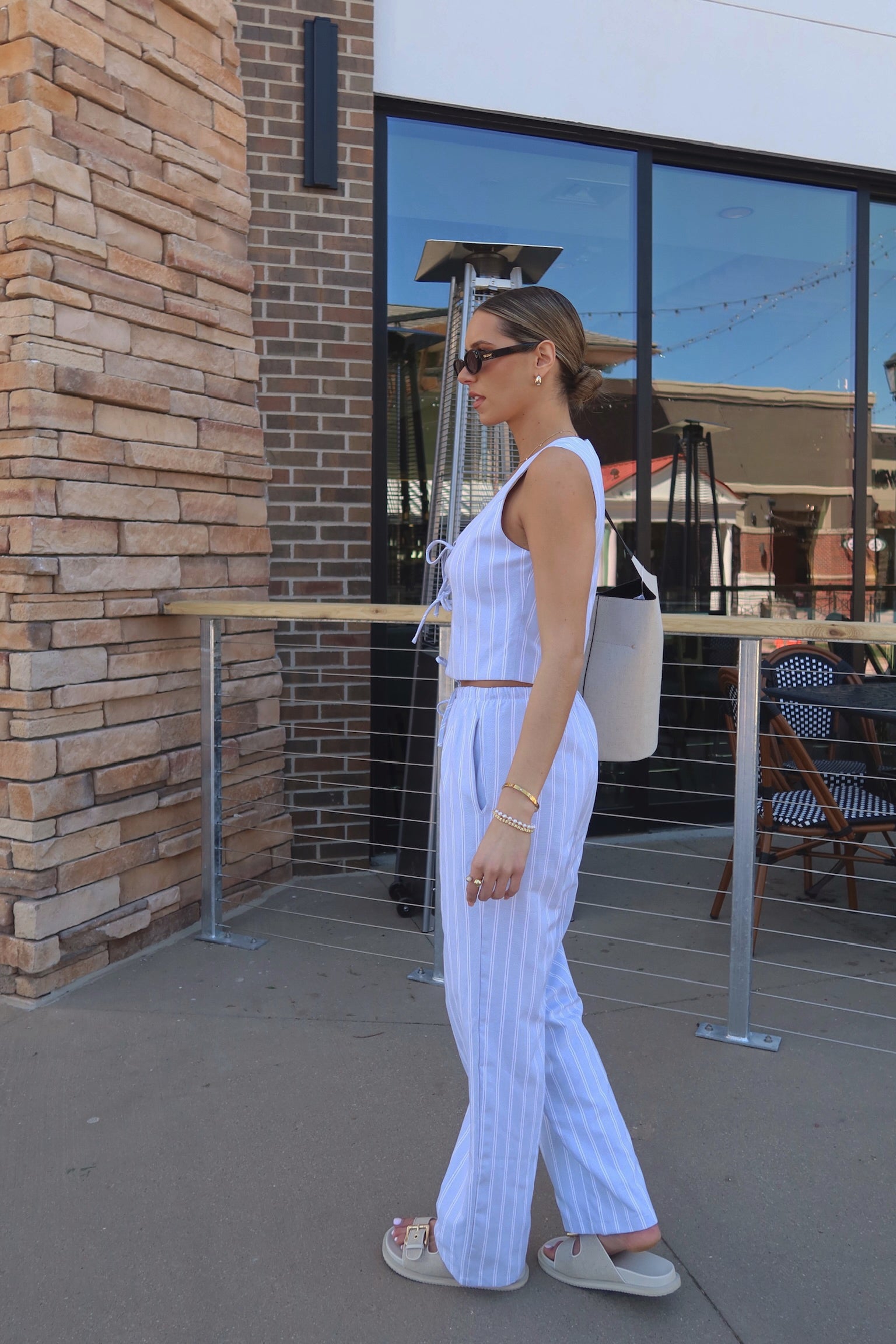 Della Dusty Blue Striped Tie Top
