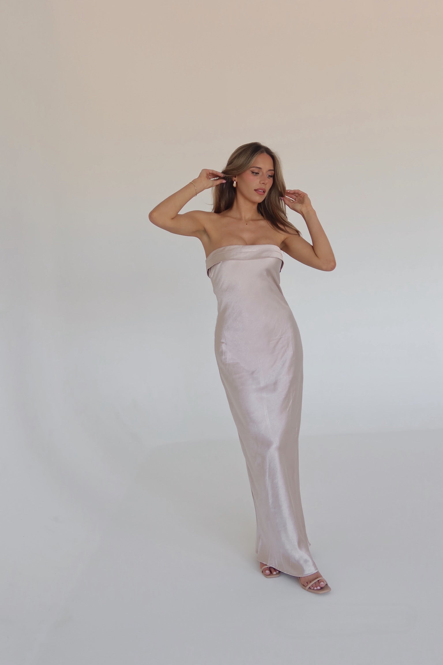 Ecru Strapless Satin Maxi Dress