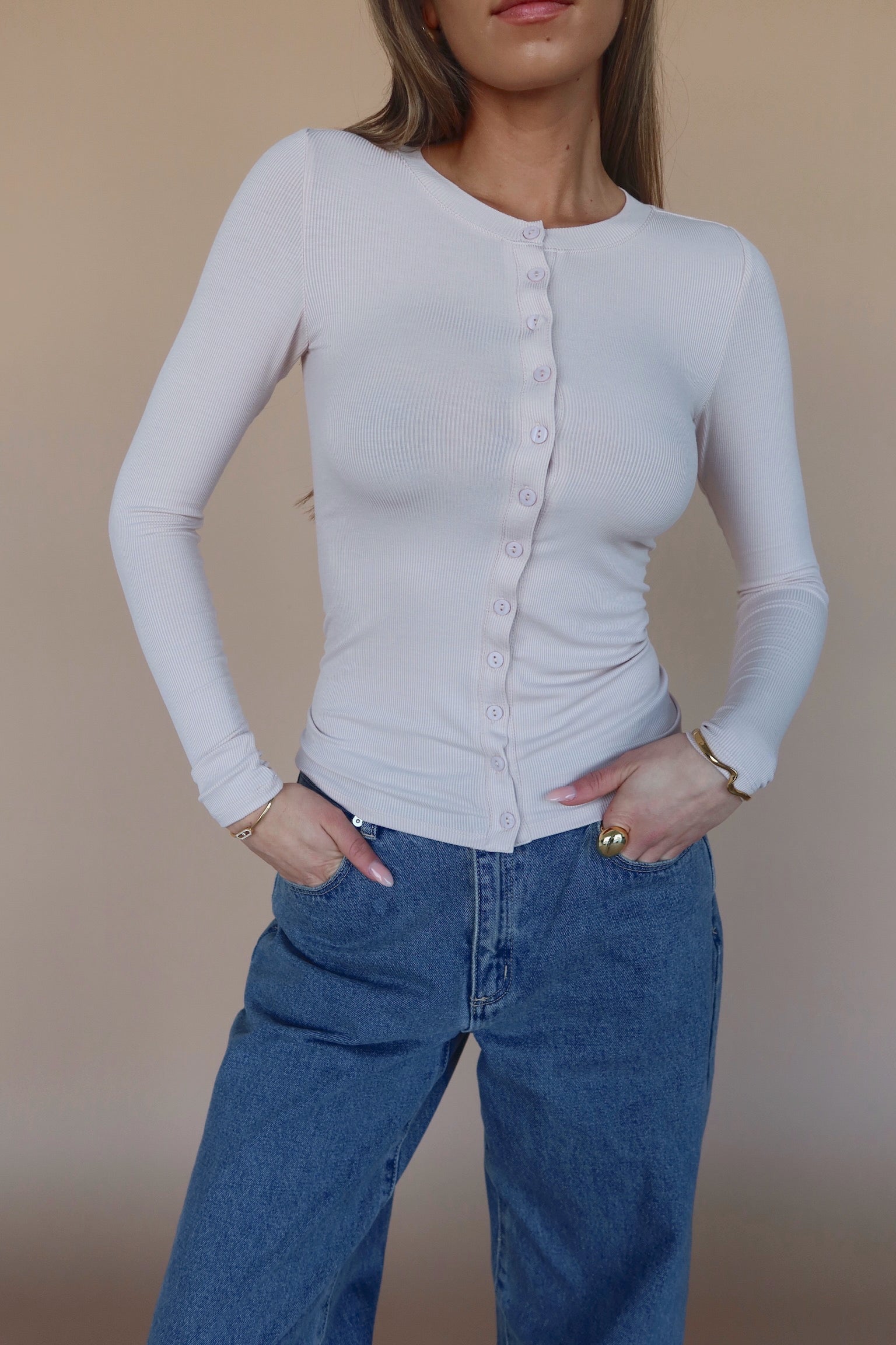 Erika Button-Down Long Sleeve Top in Blush