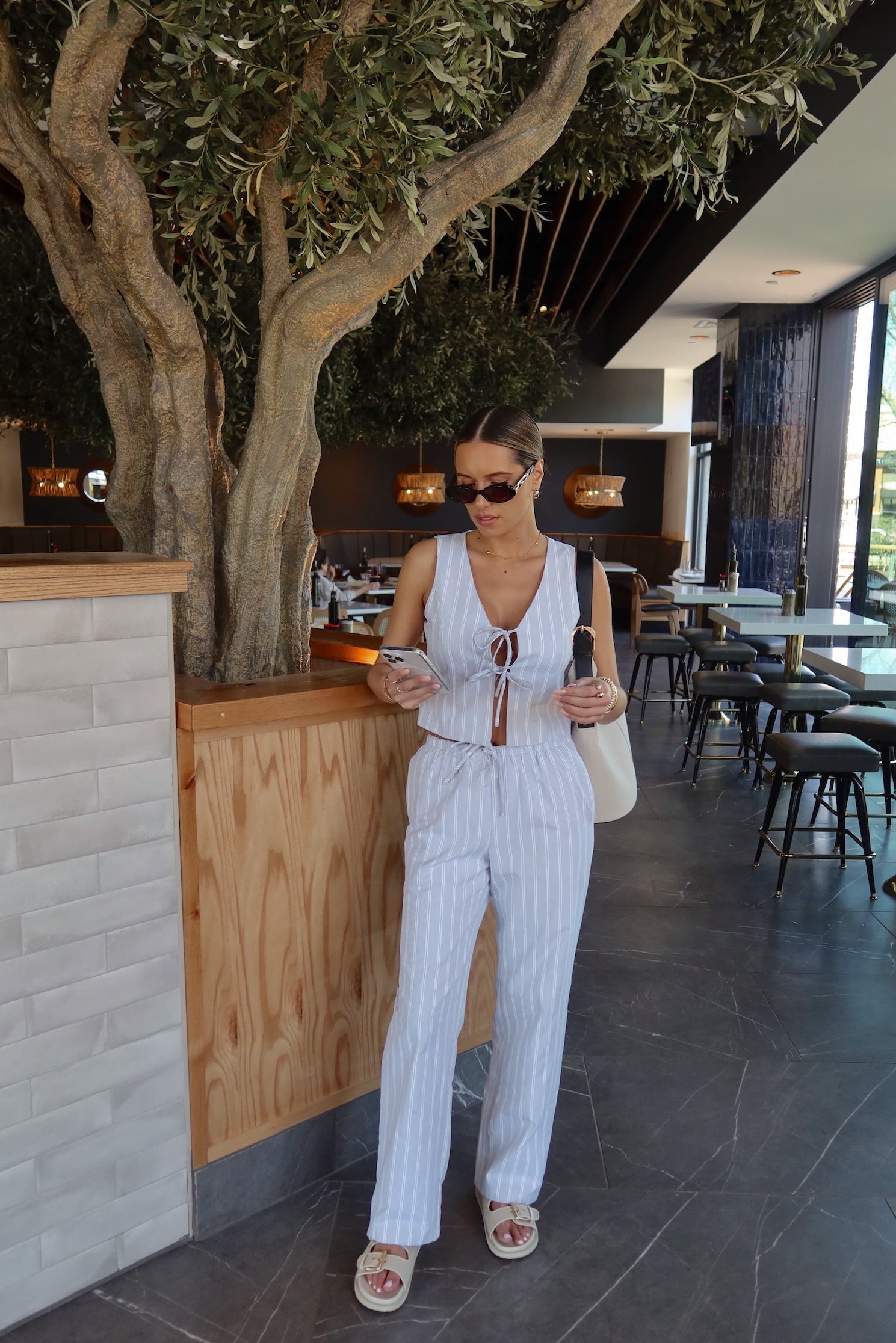 Della Dusty Blue Striped Tie Top