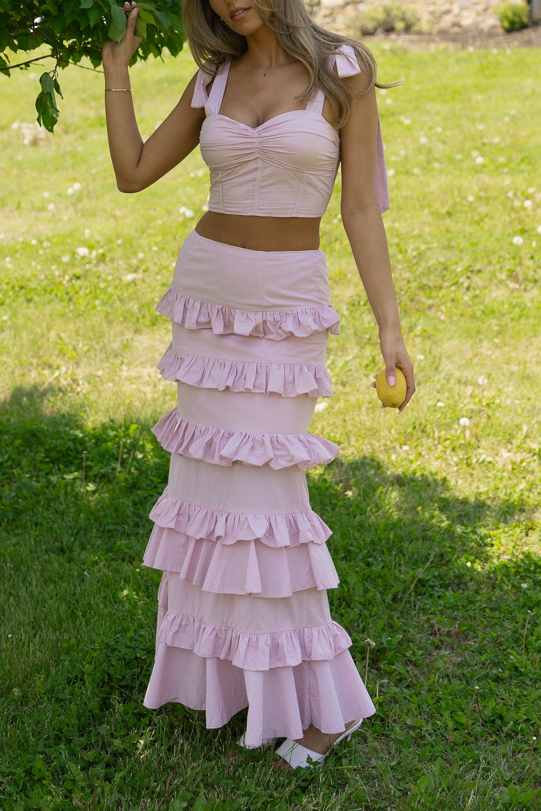 Maeve Crop Top And Ruffle Midi Skirt Set