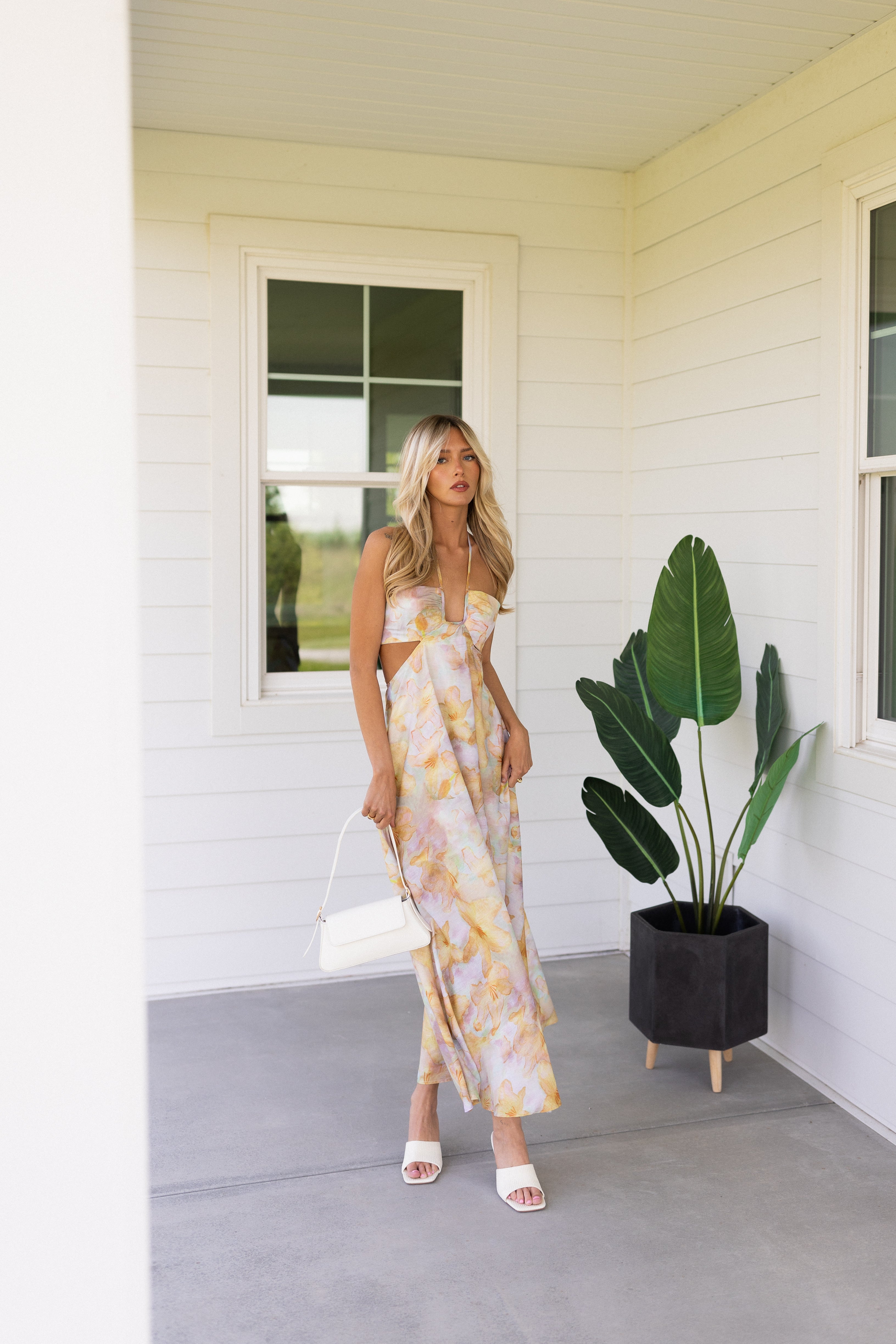 Yellow Halter Floral Maxi Dress