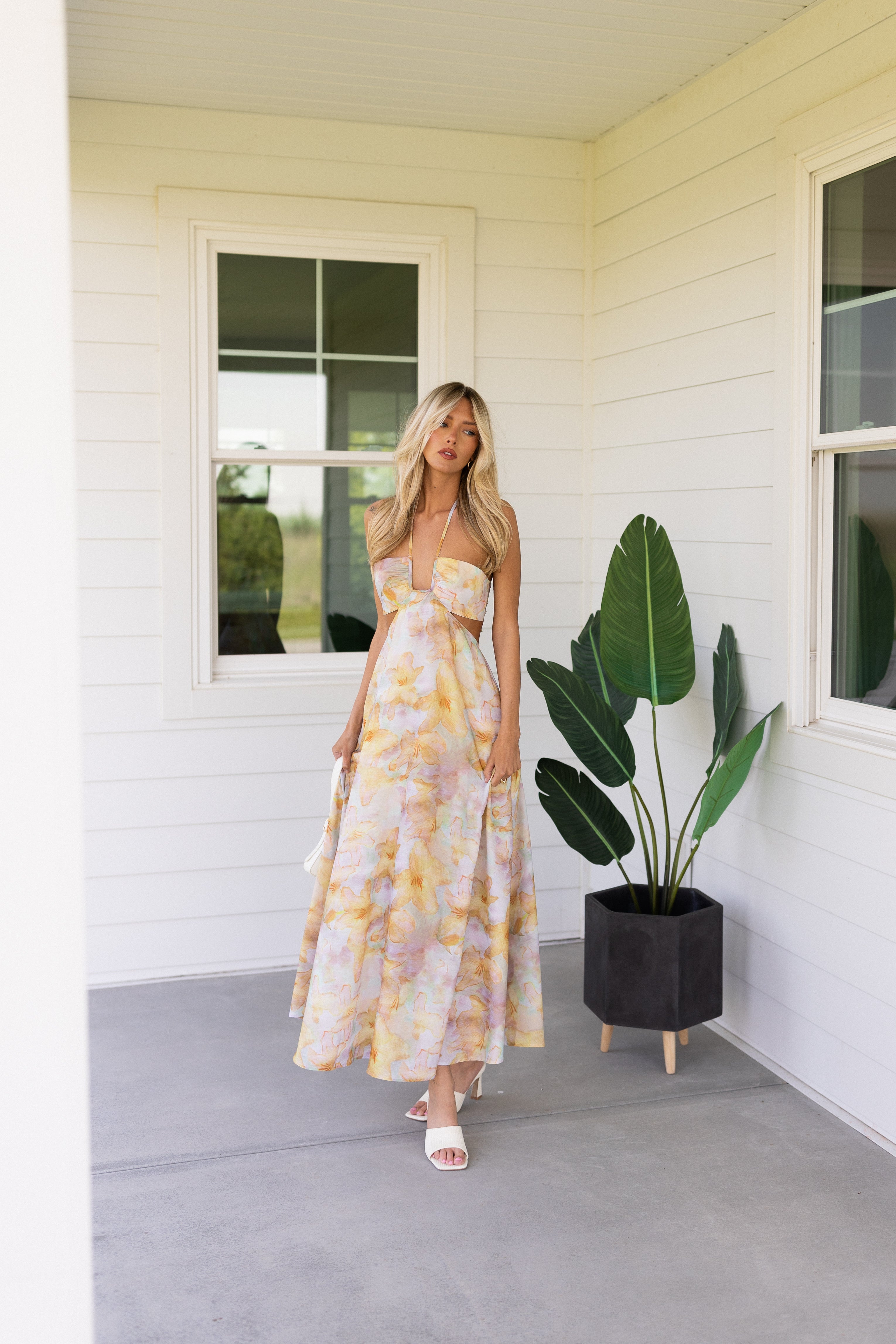 Yellow Halter Floral Maxi Dress