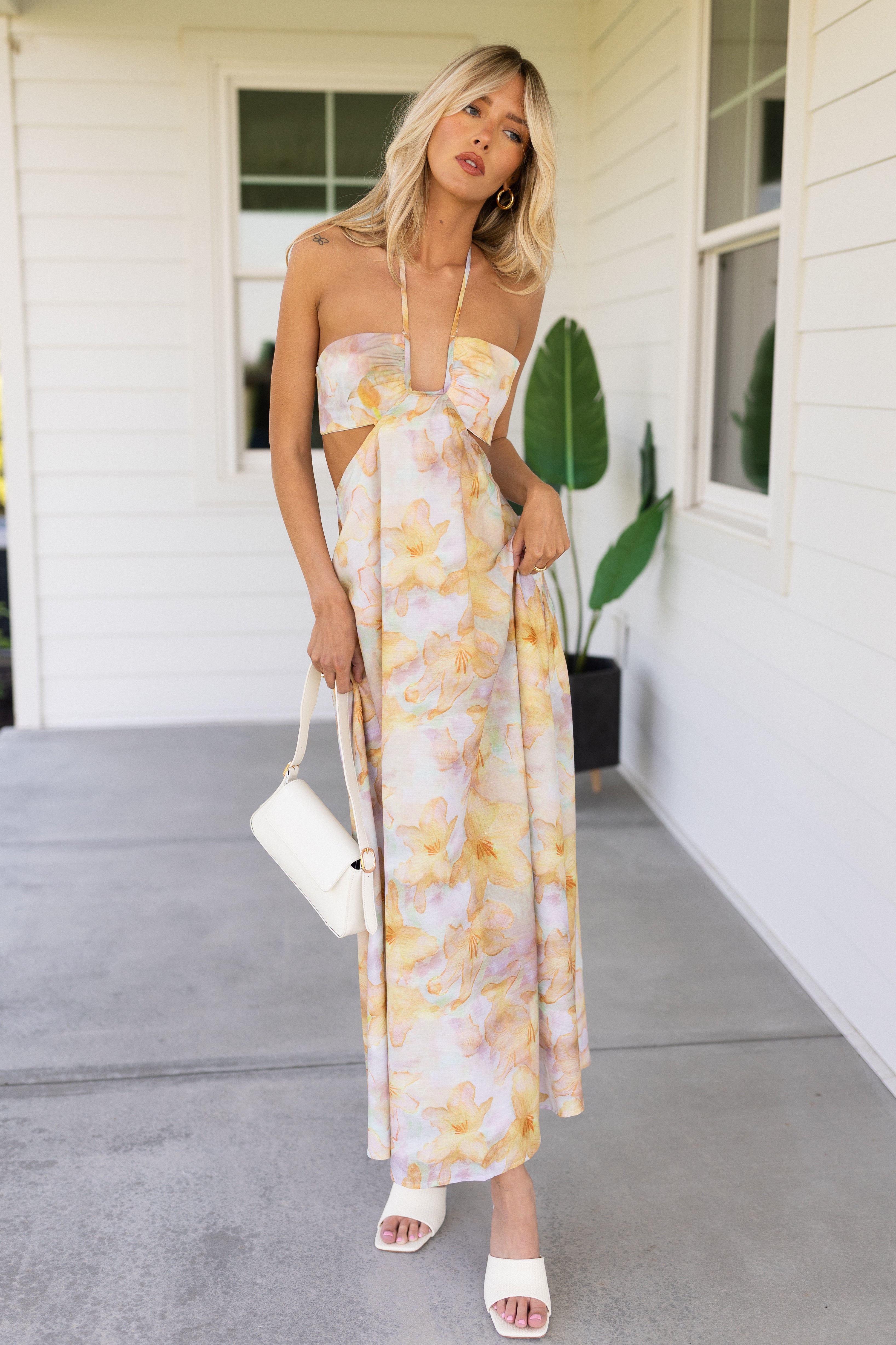 Yellow Halter Floral Maxi Dress