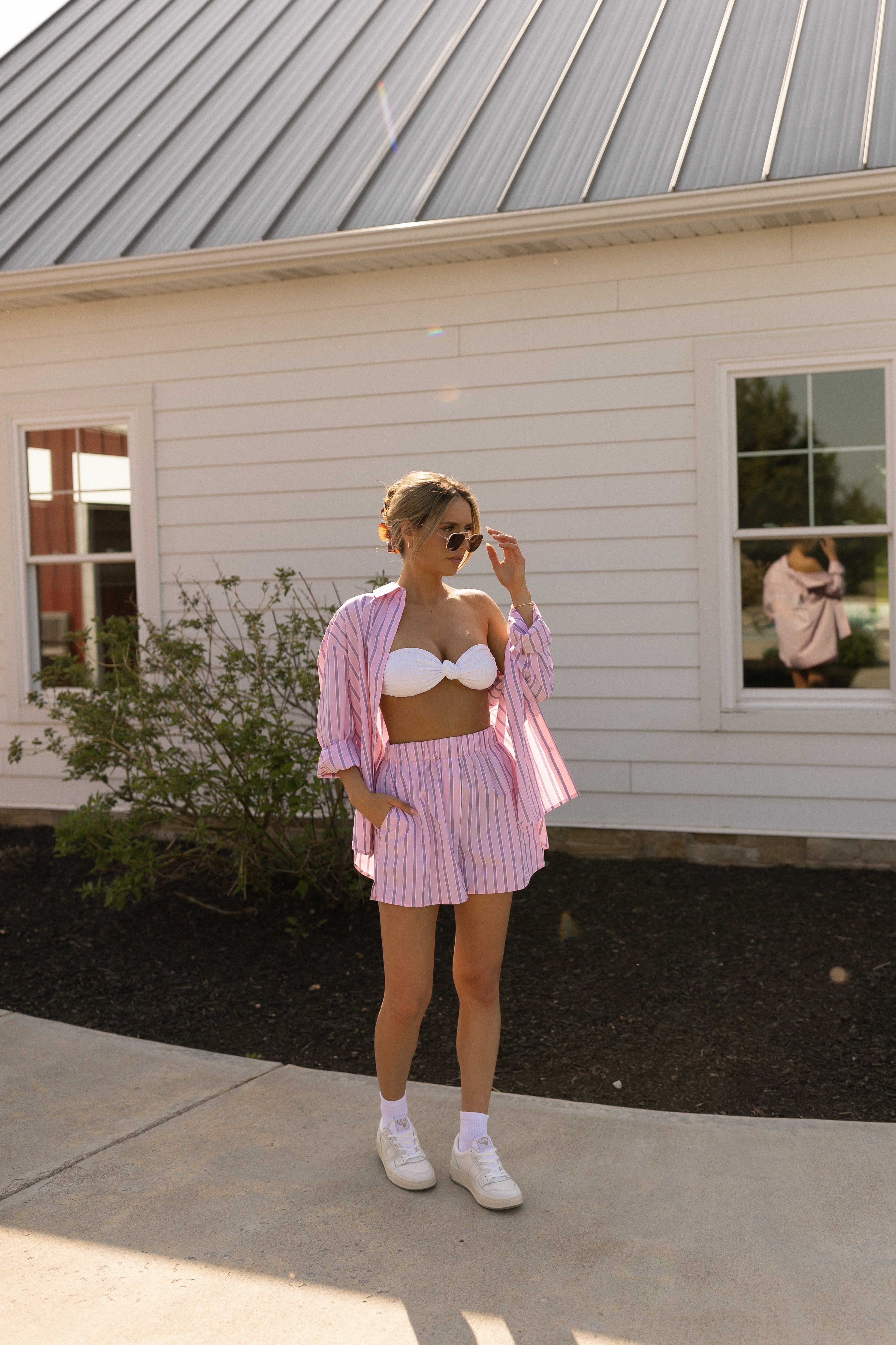 Pink Striped Button Down Shirt and Shorts Set