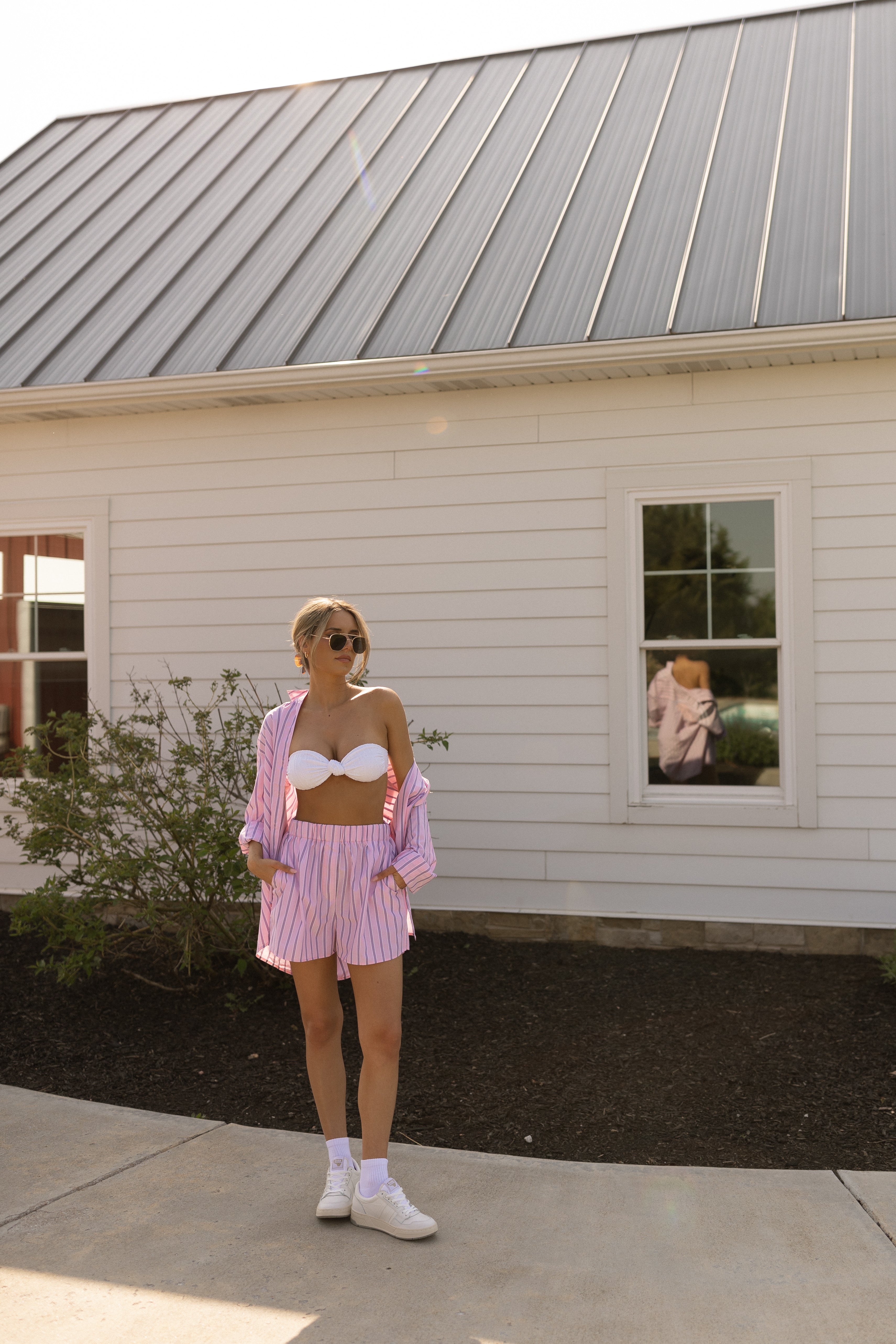 Pink Striped Button Down Shirt and Shorts Set