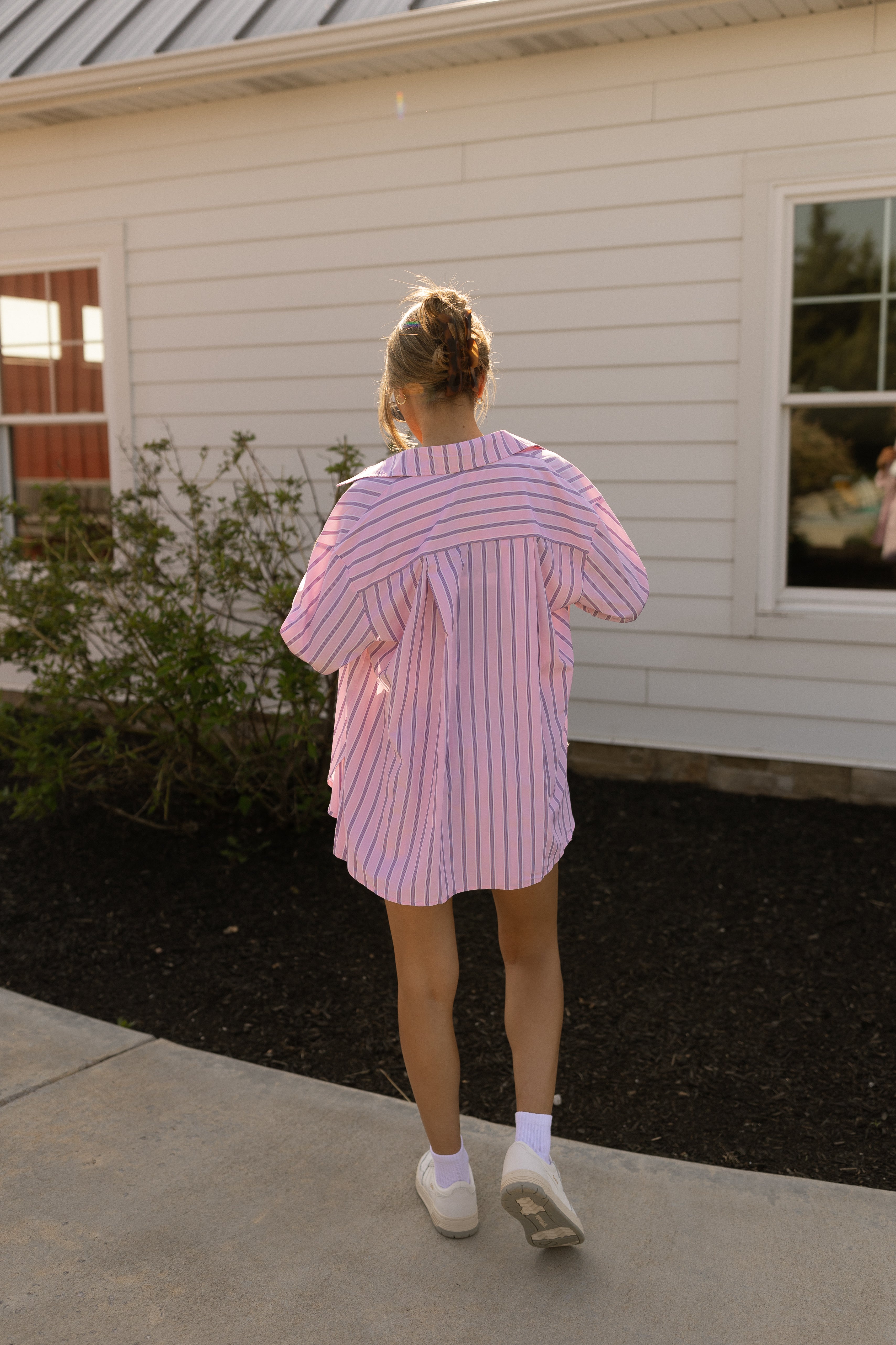 Pink Striped Button Down Shirt and Shorts Set