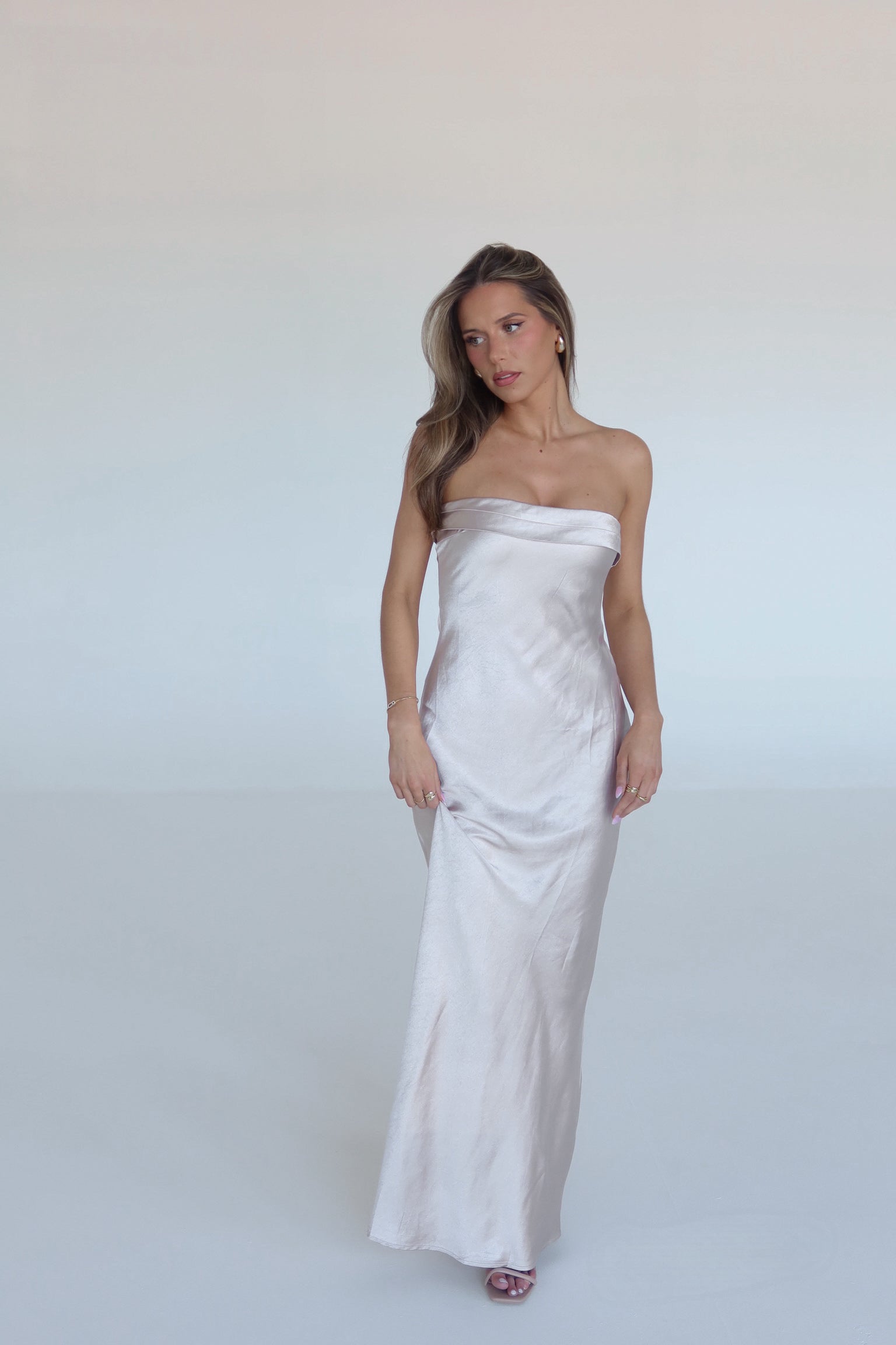 Ecru Strapless Satin Maxi Dress