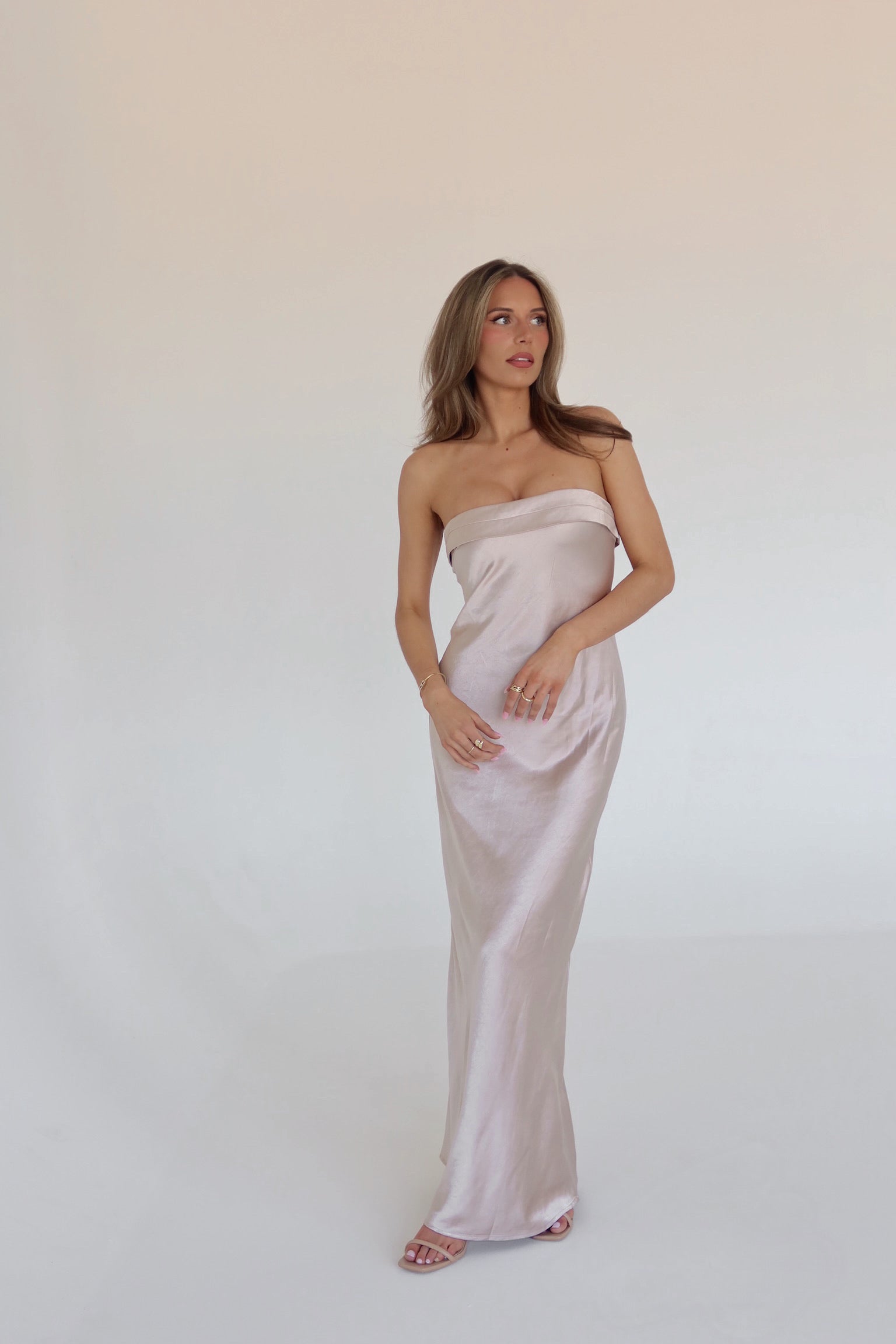 Ecru Strapless Satin Maxi Dress