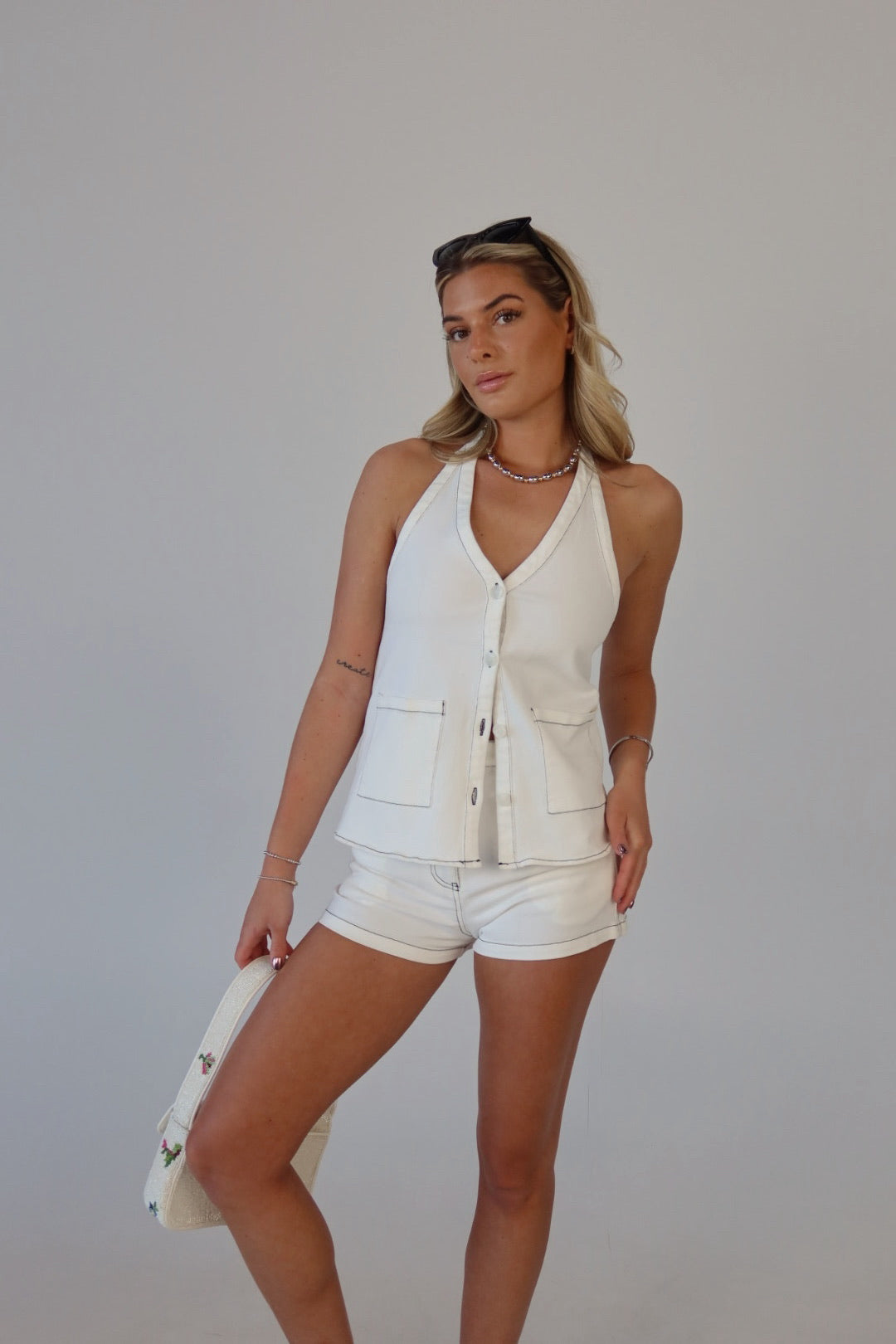 Tayle Contrast Stitch Denim Halter Top