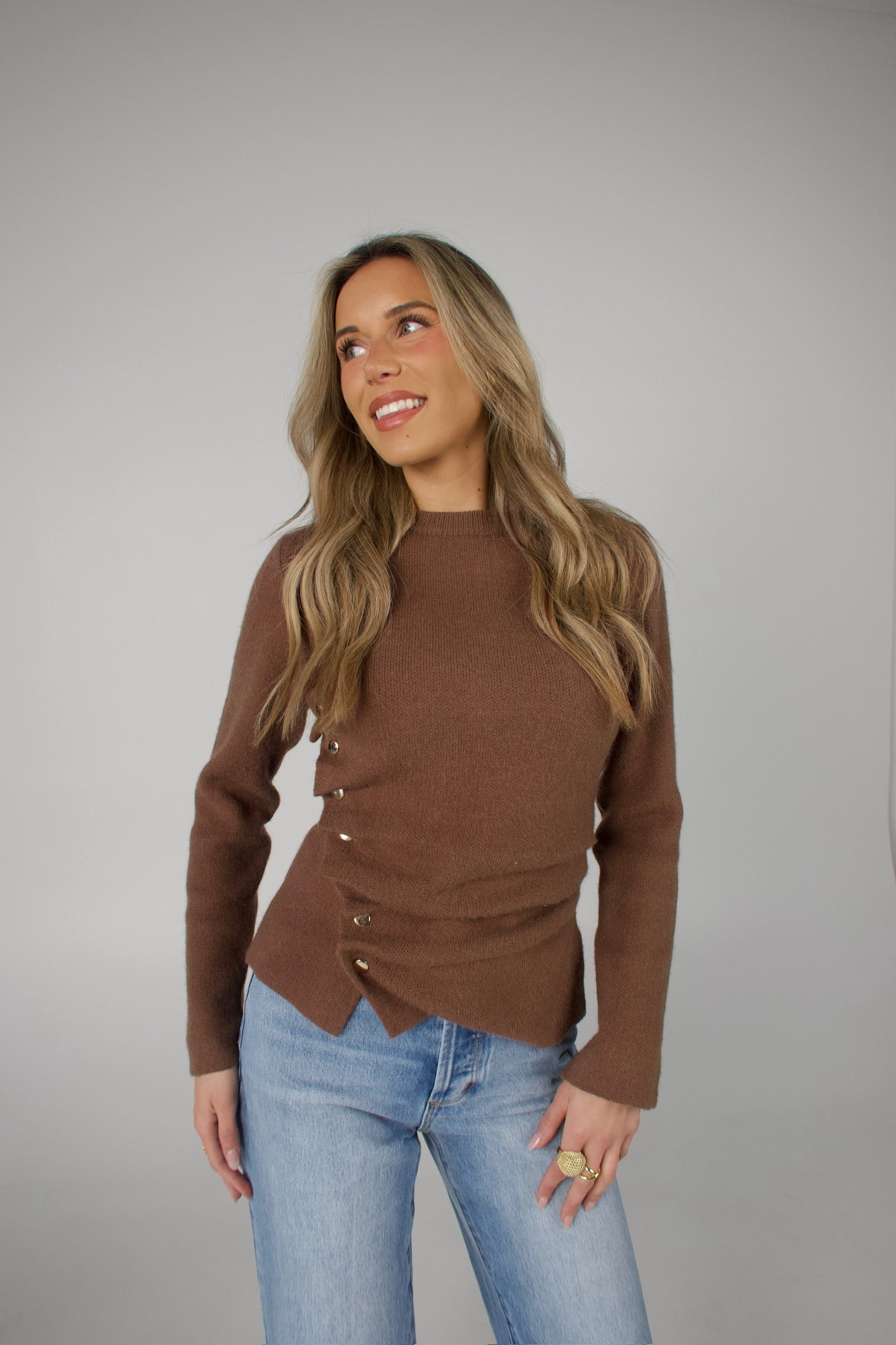 Mocha Asymmetrical Ruched Sweater Top