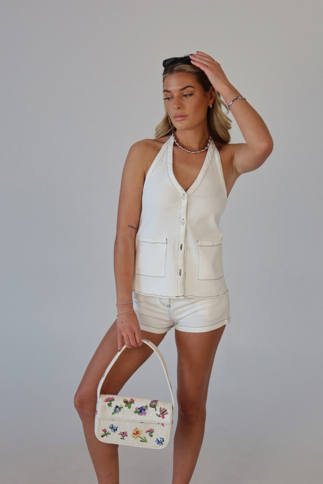 Tayle Contrast Stitch Denim Halter Top