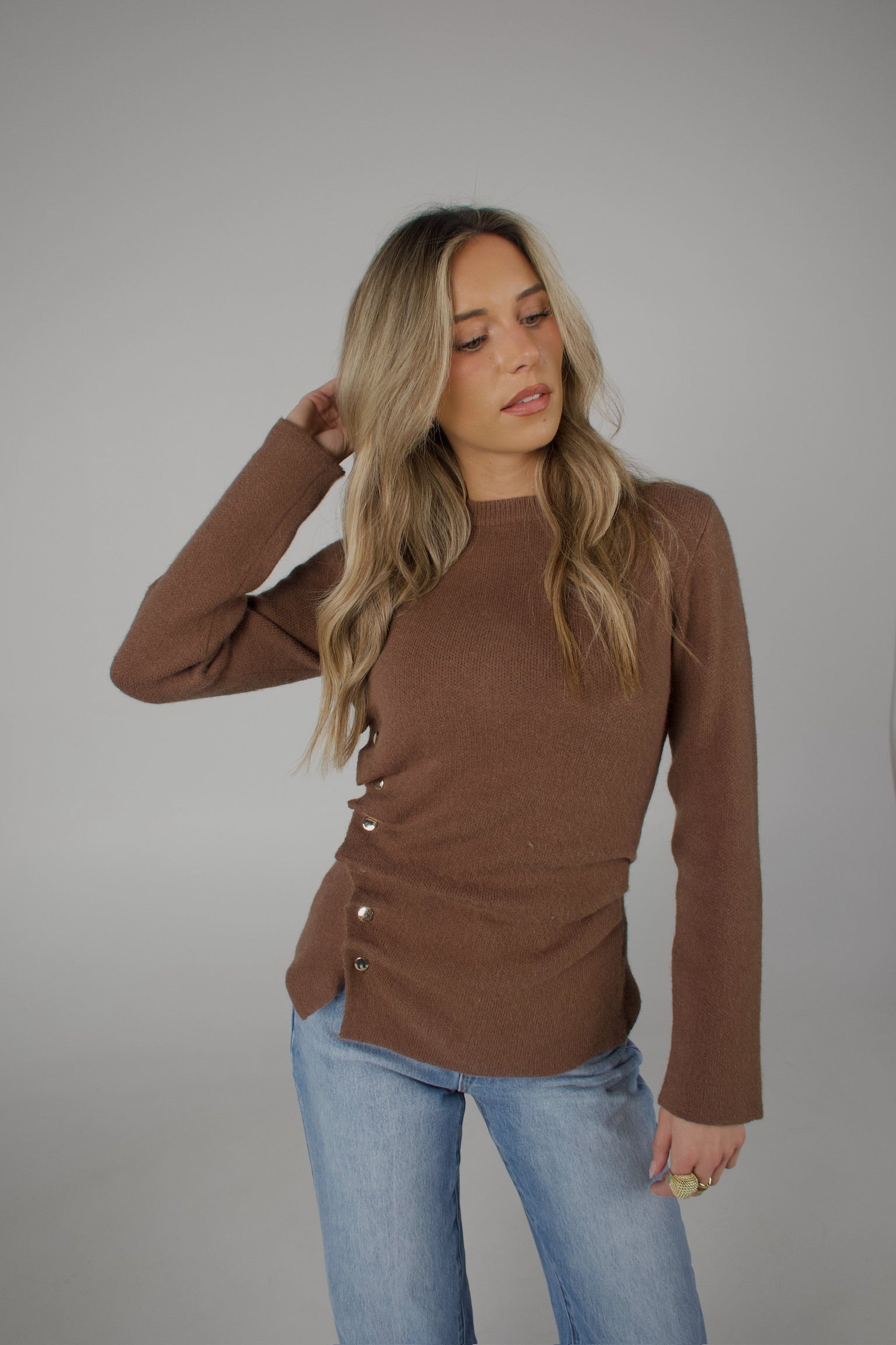 Mocha Asymmetrical Ruched Sweater Top