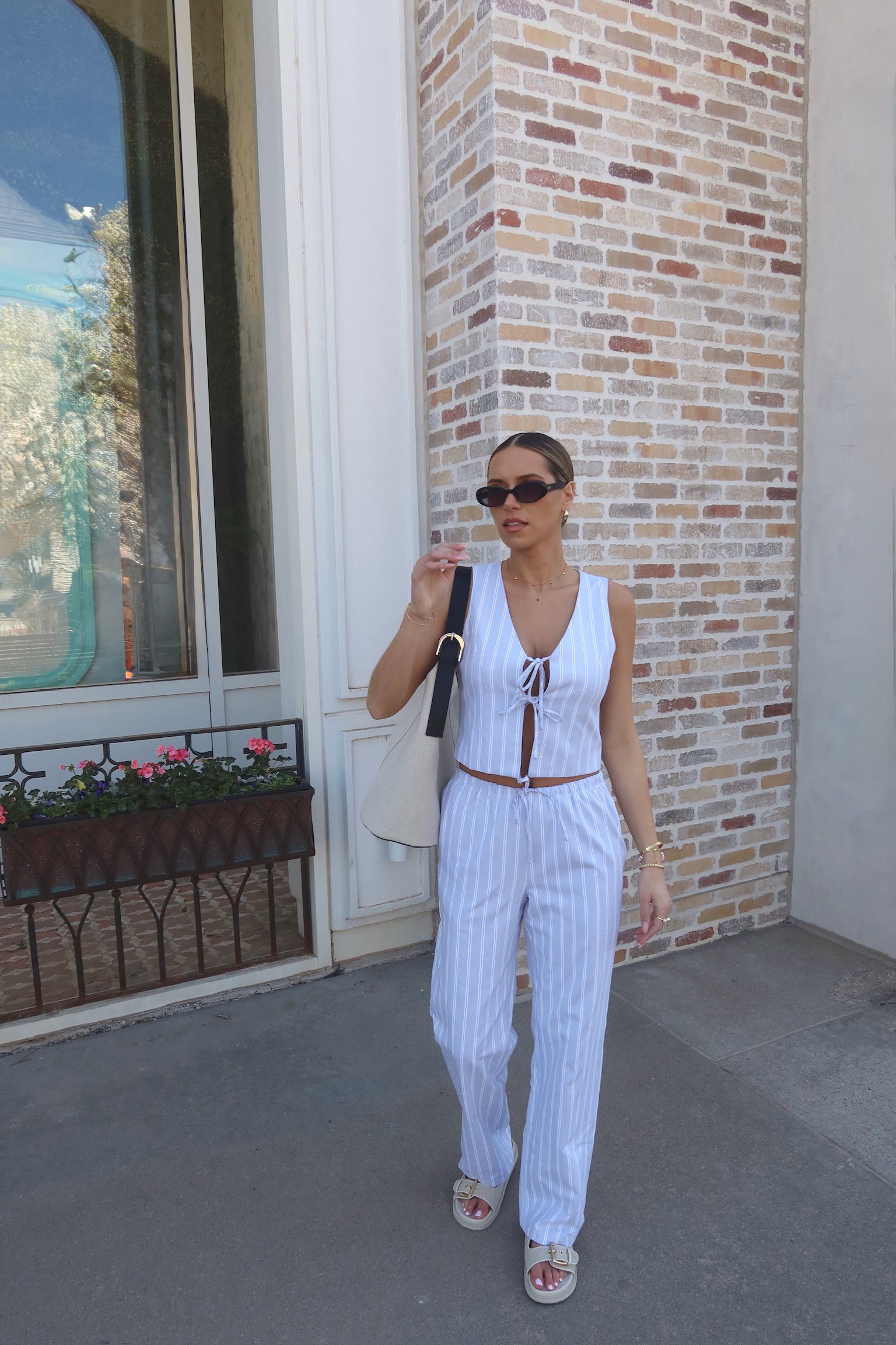 Della Dusty Blue Striped Tie Top