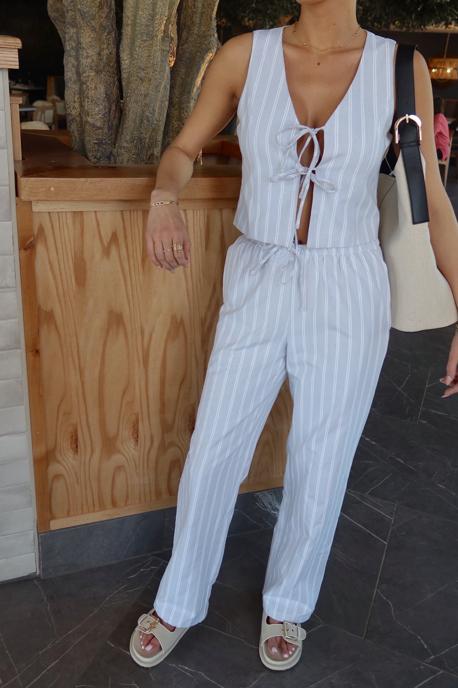 Della Dusty Blue Striped Tie Top