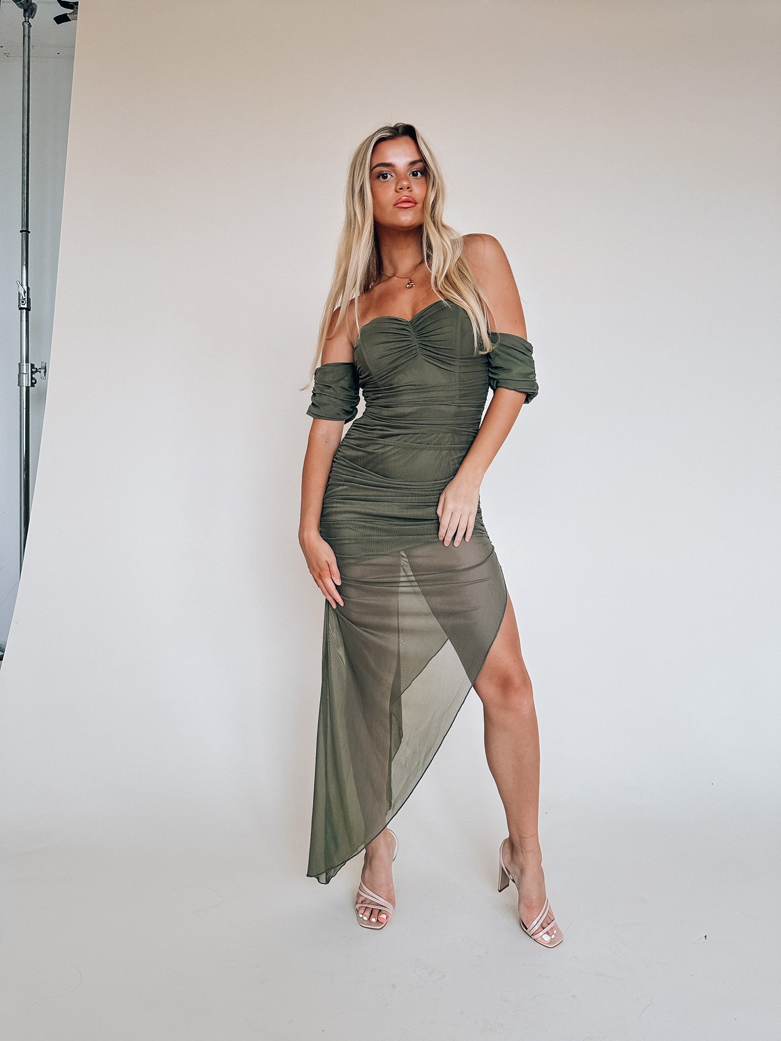 Olive Ruched Midi Dress