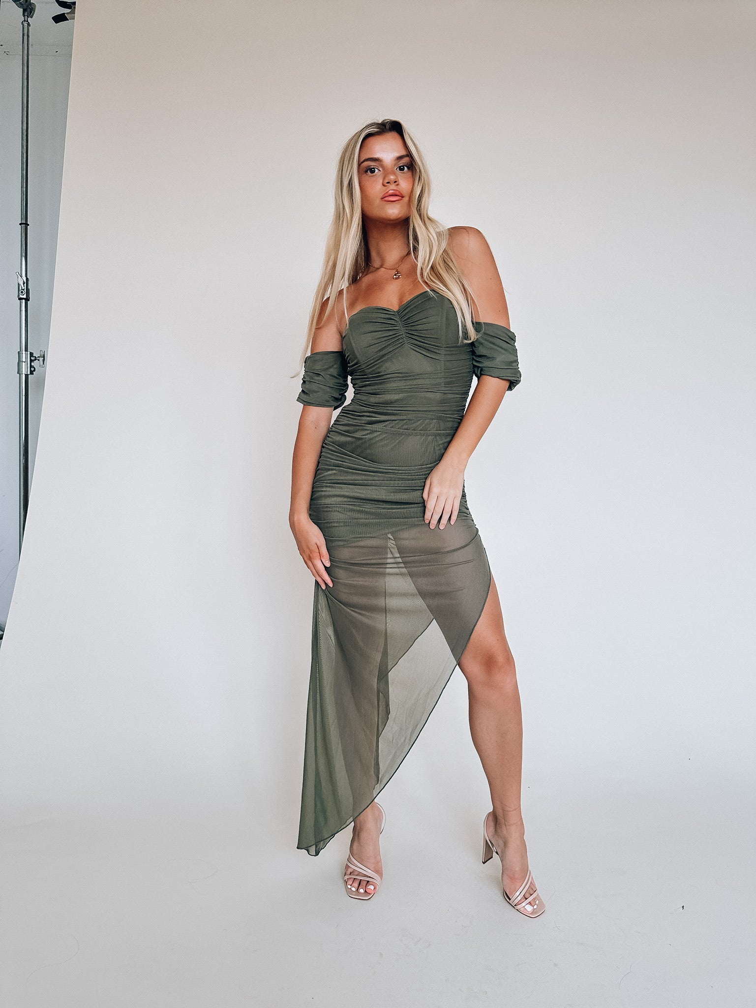 Olive Ruched Midi Dress