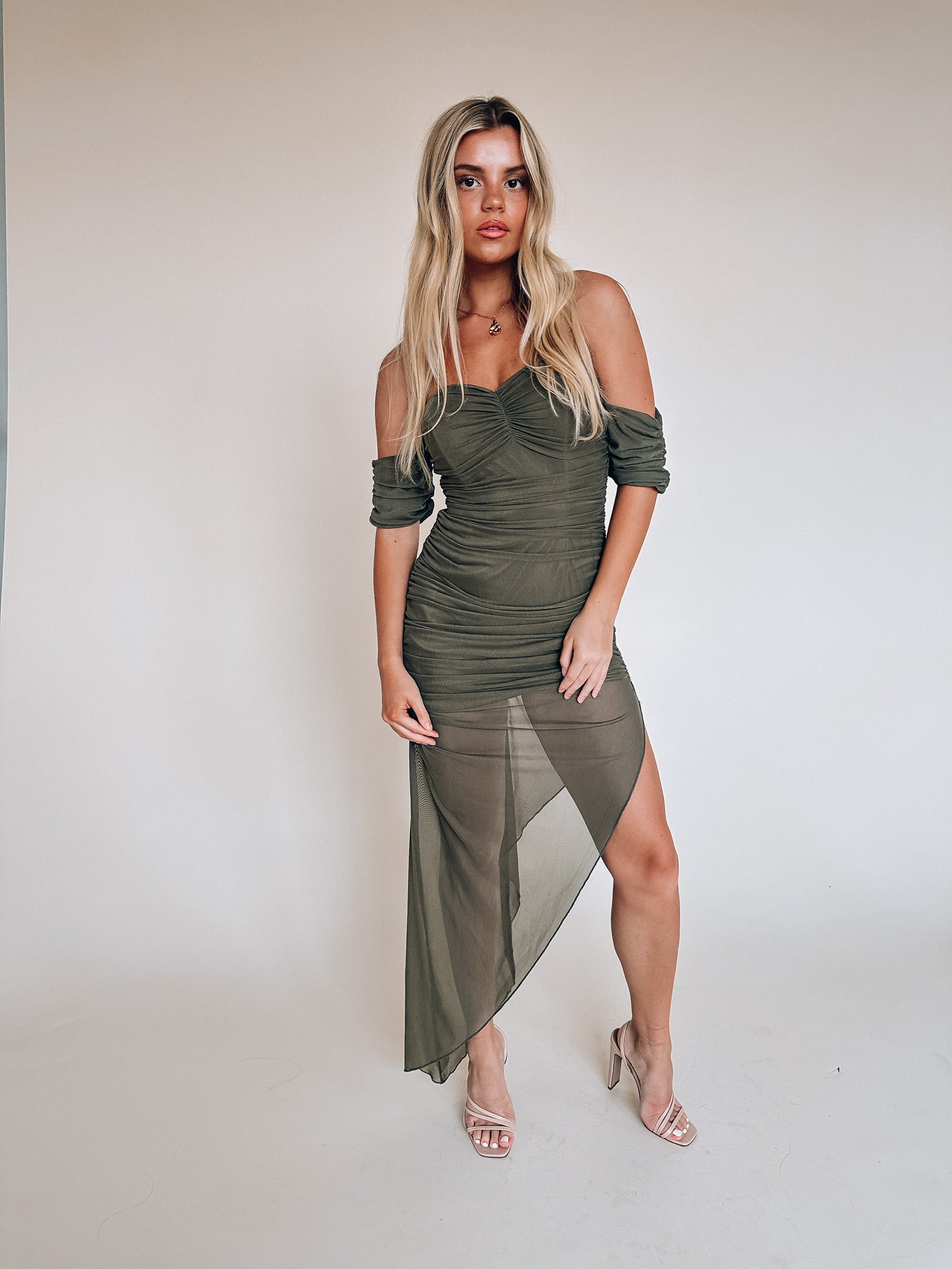 Olive Ruched Midi Dress