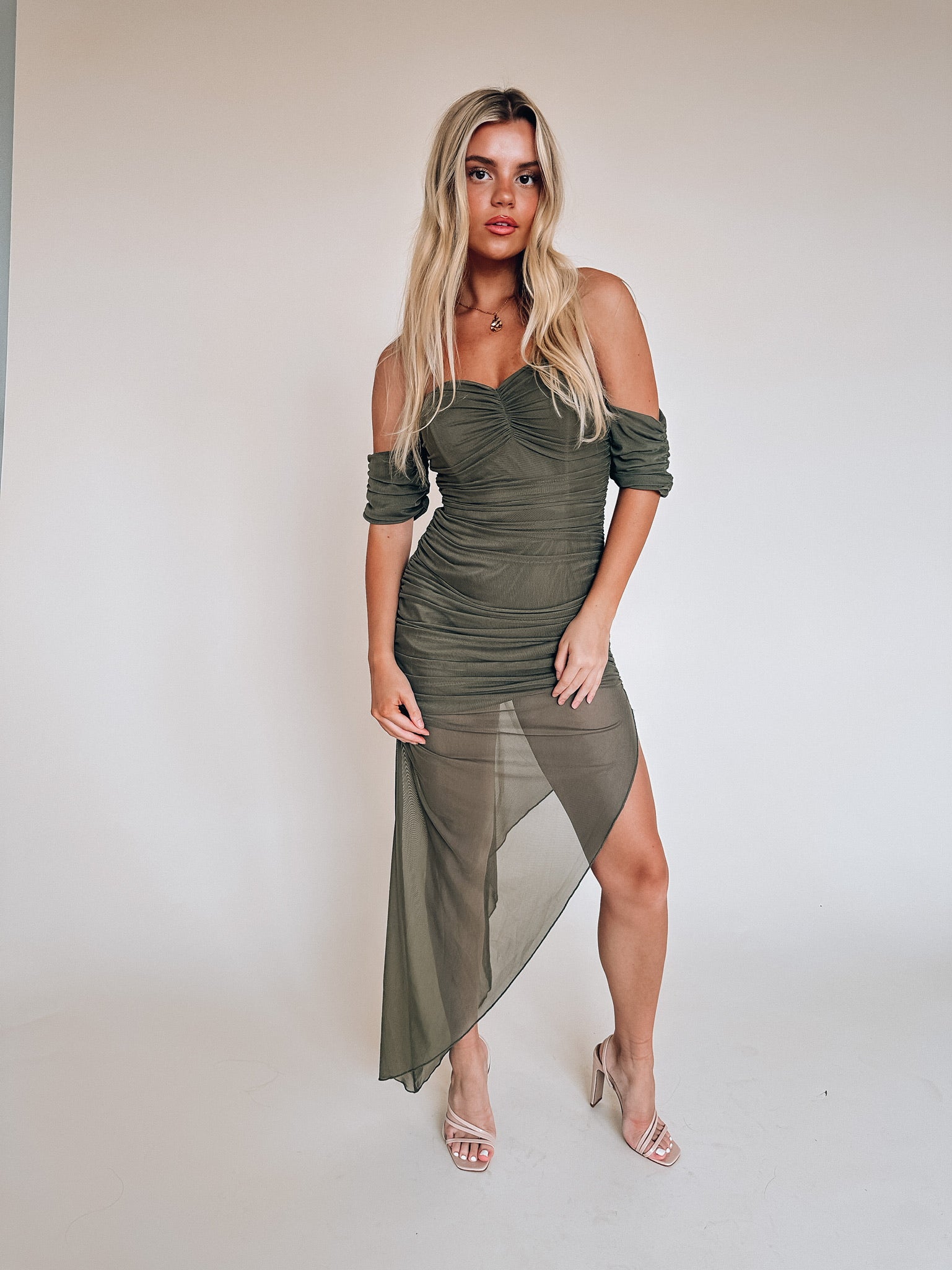 Olive Ruched Midi Dress