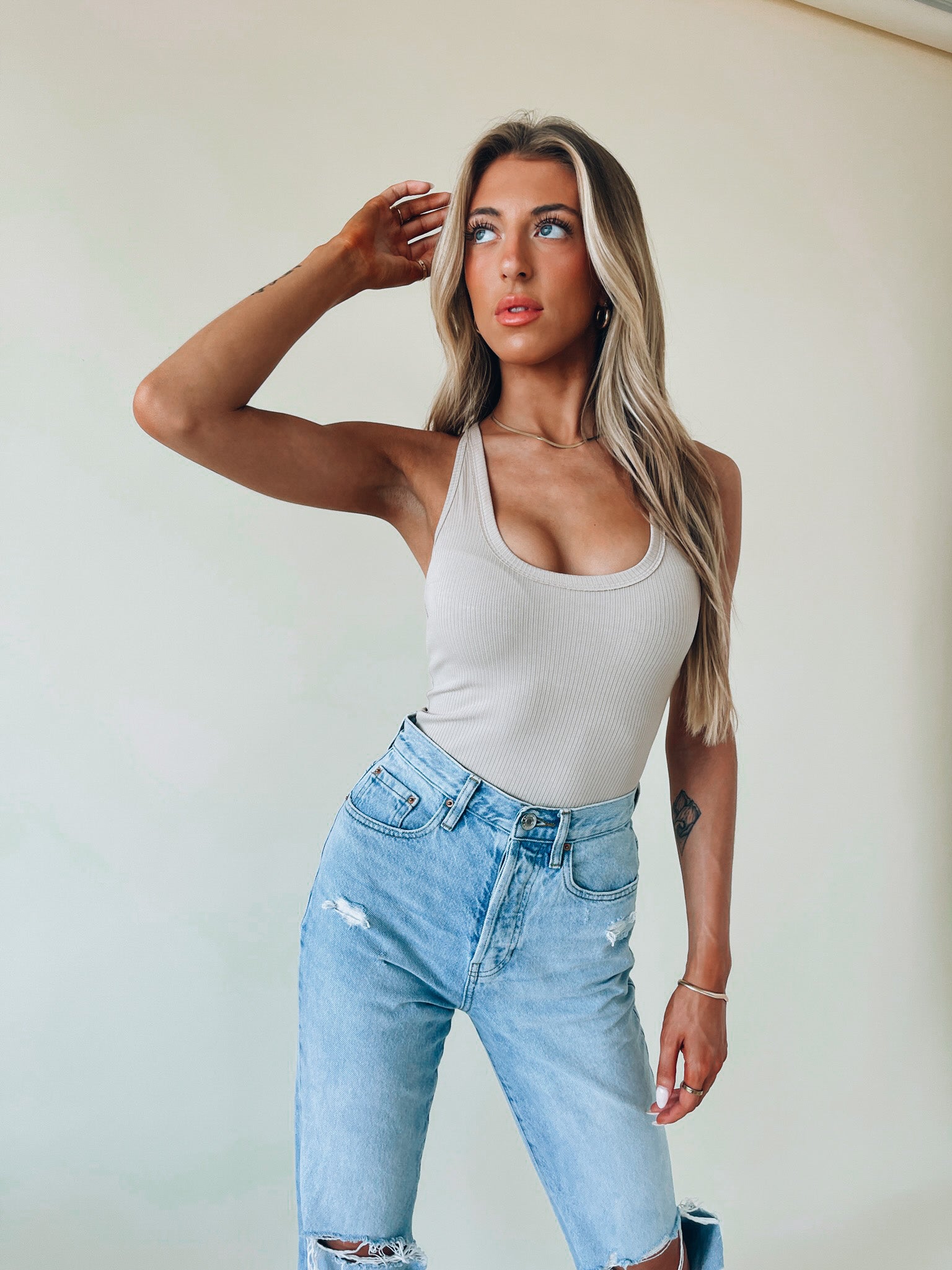 SALE :Basic Ribbed Khaki Bodysuit