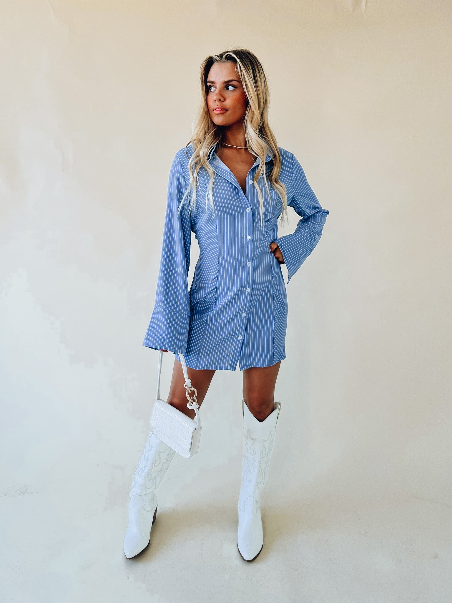 RESTOCKED :Striped Long Sleeve Mini Shirt Dress
