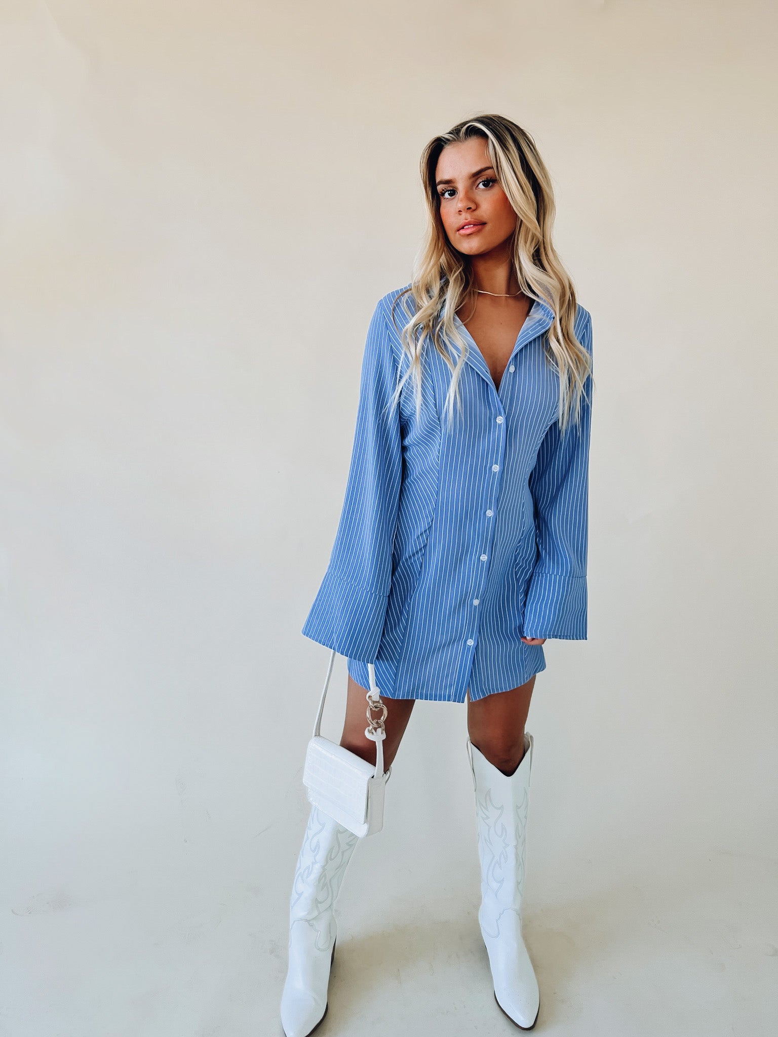 RESTOCKED :Striped Long Sleeve Mini Shirt Dress